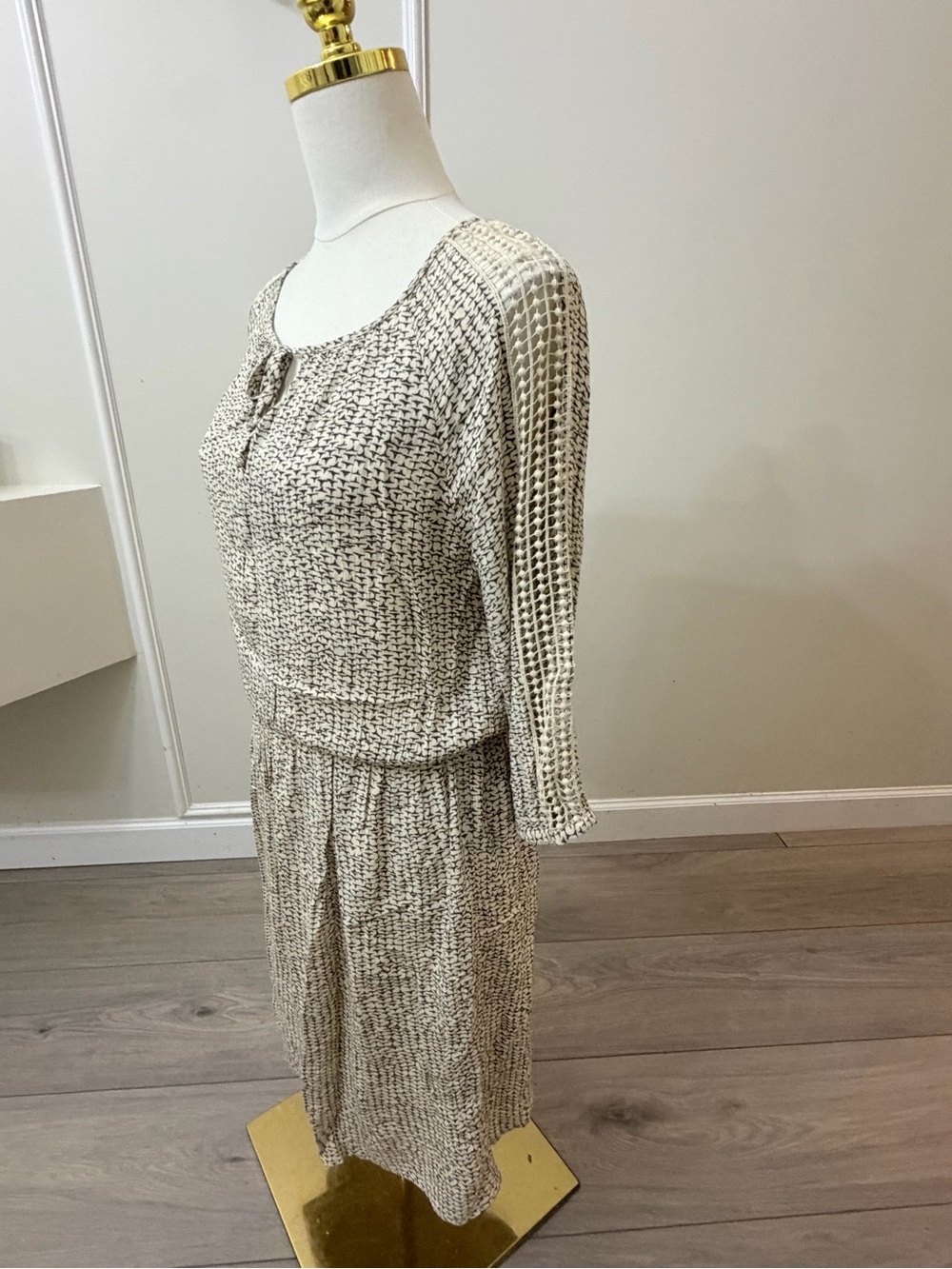 Reitmans Beige and Black Printed Tie-Neck Smocked-Waist Midi Dress - Picture 3 of 9